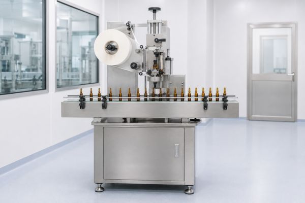 Vertical orientation ampoule sticker labeling machine manufacturer in Ahmedabad front view