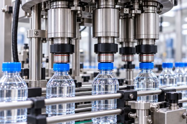“Bottle capping machine applying caps to bottles on a conveyor” — use only if the photograph shows this.