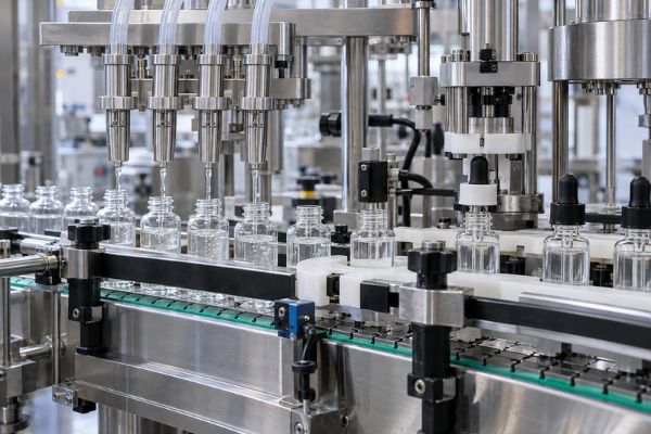 “Eye drop filling machine with bottle filling and dropper insertion stations” — use only if these features are visible.