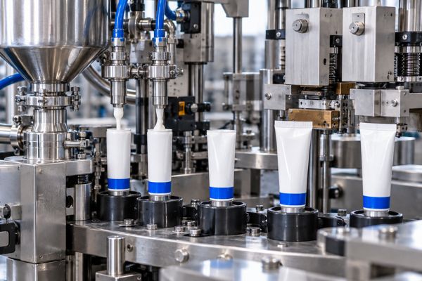“Tube filling machine with filling and sealing stations” — use only if these parts are visible.